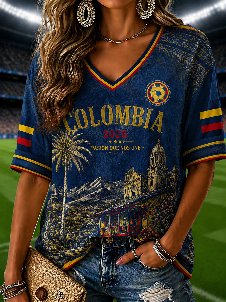 2026 Colombia Soccer Commemorative Art V-Neck T-Shirt