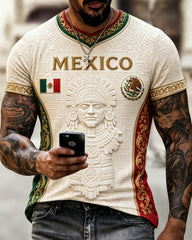 Men's Mexican Football Support Embossed Traditional Totem Art Print T-Shirt