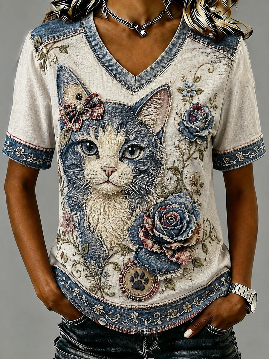 Women's Retro Collage Floral Cat Sleeves V-Neck T-Shirt