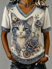 Women's Retro Collage Floral Cat Sleeves V-Neck T-Shirt