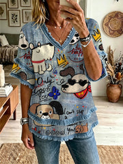 Women's Dog Art Print Casual T-Shirt