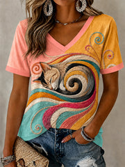 Women's Artistic Cats Print Casual V-Neck Tee