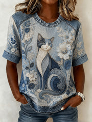Women's Cute Collage Floral Cat Print Casual Short Sleeved T-Shirt