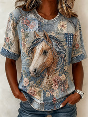 Women's Retro Collage Floral Horse Print Casual Short Sleeved T-Shirt