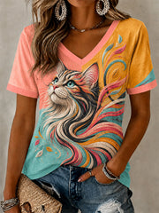 Women's Artistic Cats Print Casual V-Neck Tee