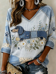Women's Retro Floral Collage Cow Linen Short-Sleeved T-Shirt
