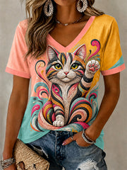 Women's Artistic Cats Print Casual V-Neck Tee
