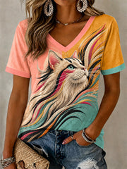 Women's Artistic Cats Print Casual V-Neck Tee