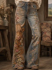 Women's Vintage Highland cow Art Print Flared Trousers