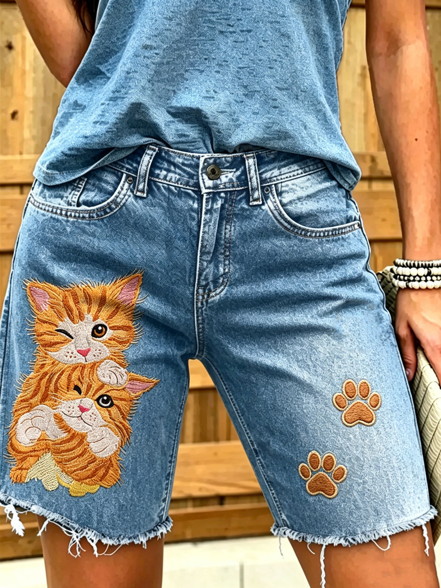 Women's Animal Cat Art Printed Short Jeans