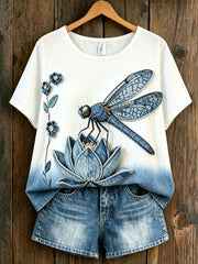 Women's Animal Dragonfly Printed Vintage Fashion Loose Short Sleeve T-Shirt