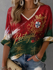 Women's Portuguese Football Match Cheering Art Print V-Neck Top