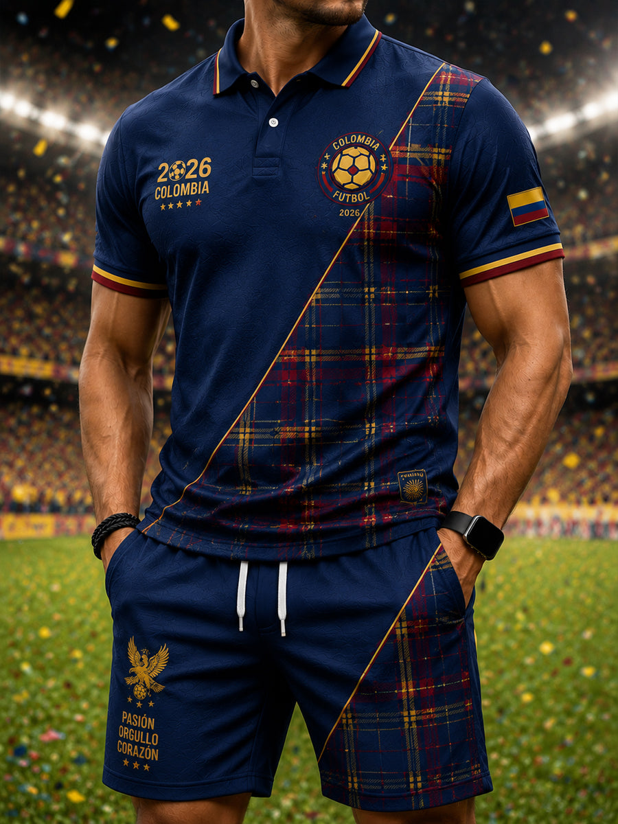 Retro 2026 Colombia Soccer Patchwork Casual Polo Shorts Set