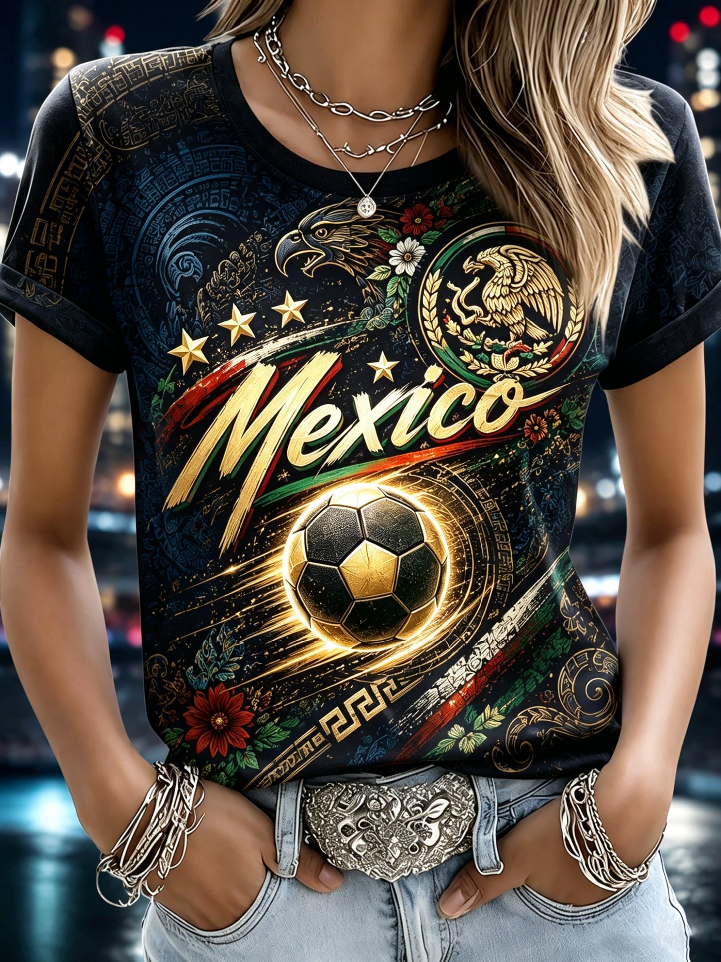 Women's Mexican Football Traditional Totem Cheering Fan Art Print T-Shirt