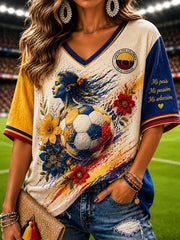 Women's Retro Columbia Soccer Floral Patchwork Casual V-Neck T-Shirt