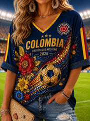 Women's Retro Columbia Soccer Casual V-Neck T-Shirt