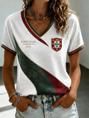 Women's Portuguese Football Printed V-neck T-shirt