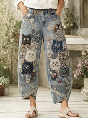 Women's Vintage Floral Cats Collage Print Flared Trousers