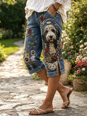 Women's Vintage Floral Puppy Collage Pattern Denim Patchwork Capri Pants