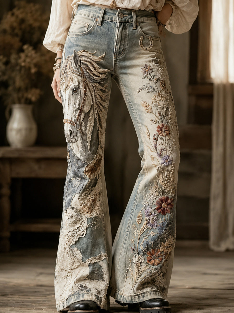 Women's Vintage Floral And Horse Collage Art Print Flared Trousers