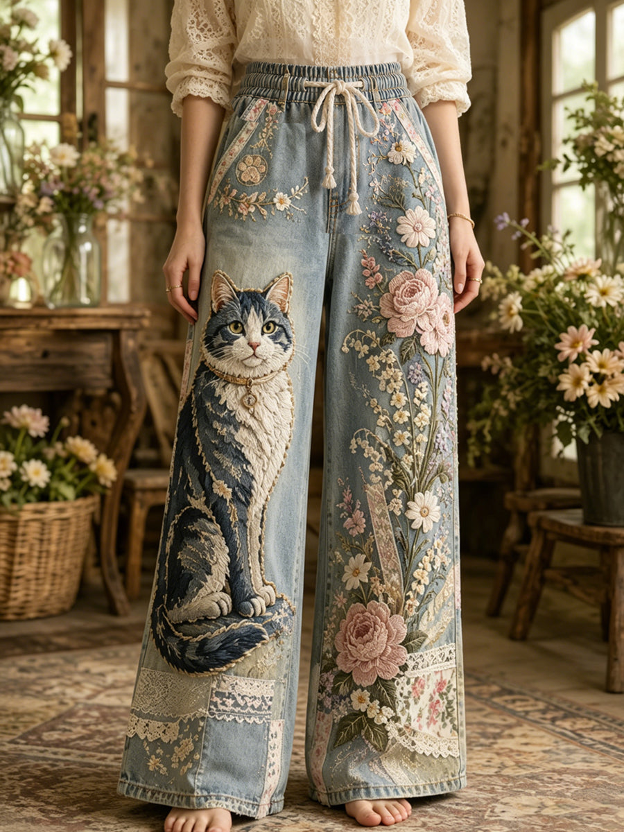 Women's Vintage Floral Cats Collage Art Print Trousers