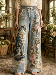 Women's Vintage Floral Cats Collage Art Print Trousers