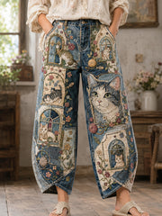 Women's Vintage Floral Cats Collage Print Flared Trousers