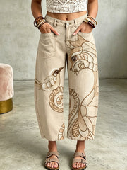 Women's Animal Bohemian Cat Art Print Pocketing Trousers