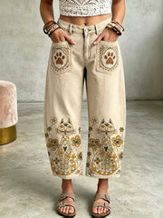 Women's Animal Bohemian Cat Art Print Pocketing Trousers