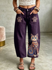 Women's Animal Bohemian Cat Art Print Pocketing Trousers