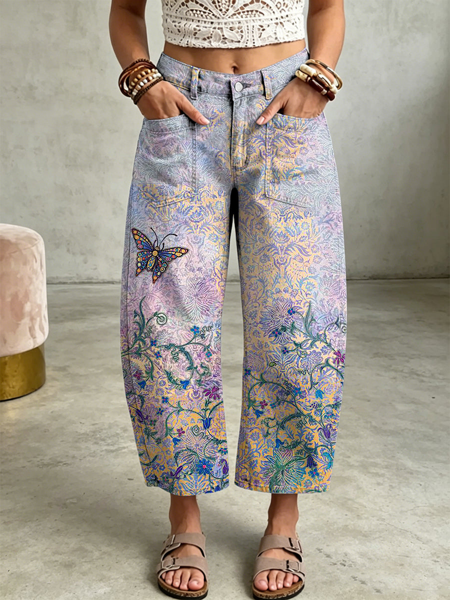 Women's Animal Bohemian Butterfly Art Print Pocketing Trousers