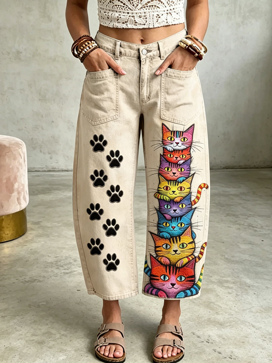 Women's Animal Cat Art Print Pocketing Trousers