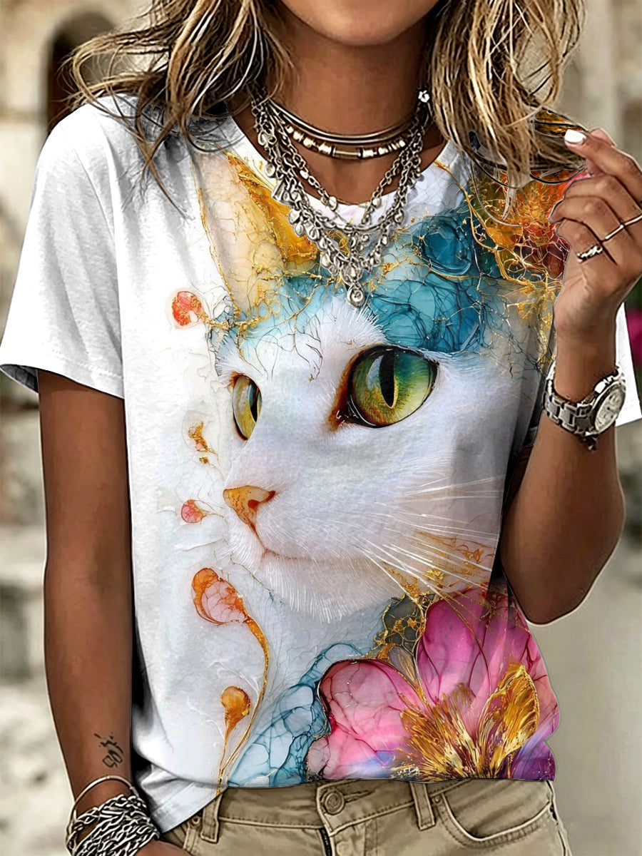 Women's Animal Cat Art Printed Vintage Fashion Loose Short Sleeve T-Shirt
