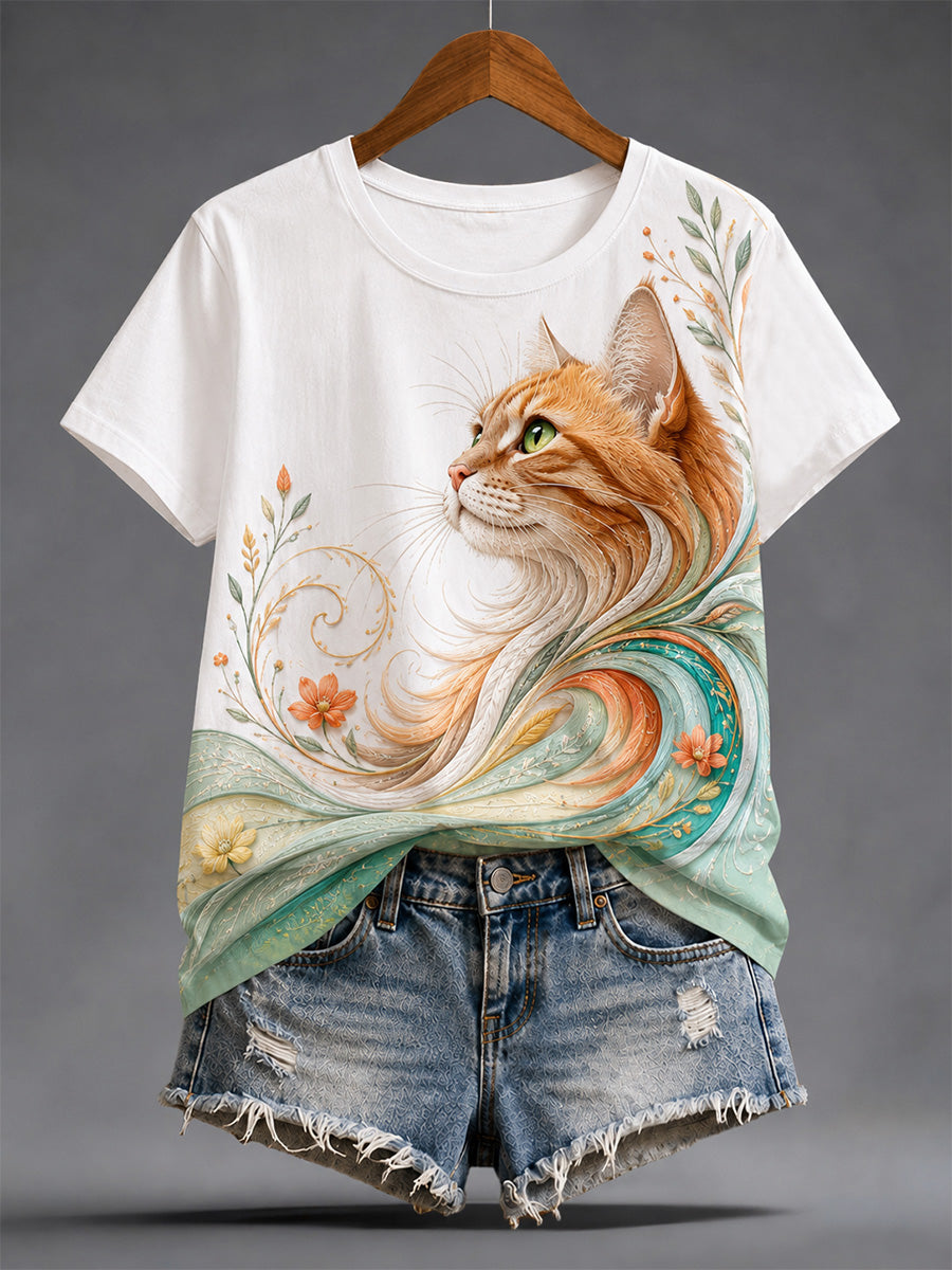 Women's Artistic Cat Print Casual Tee