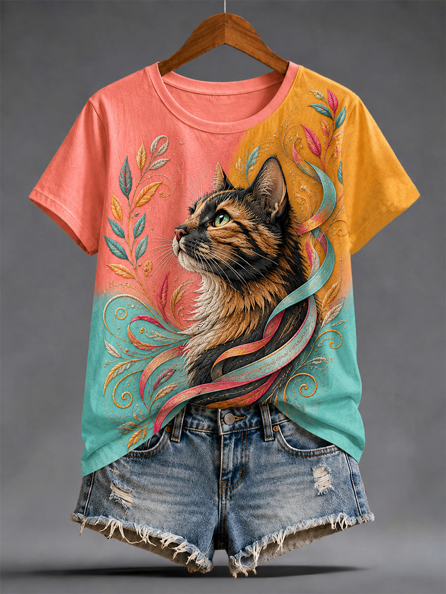 Women's Artistic Cat Print Casual Tee
