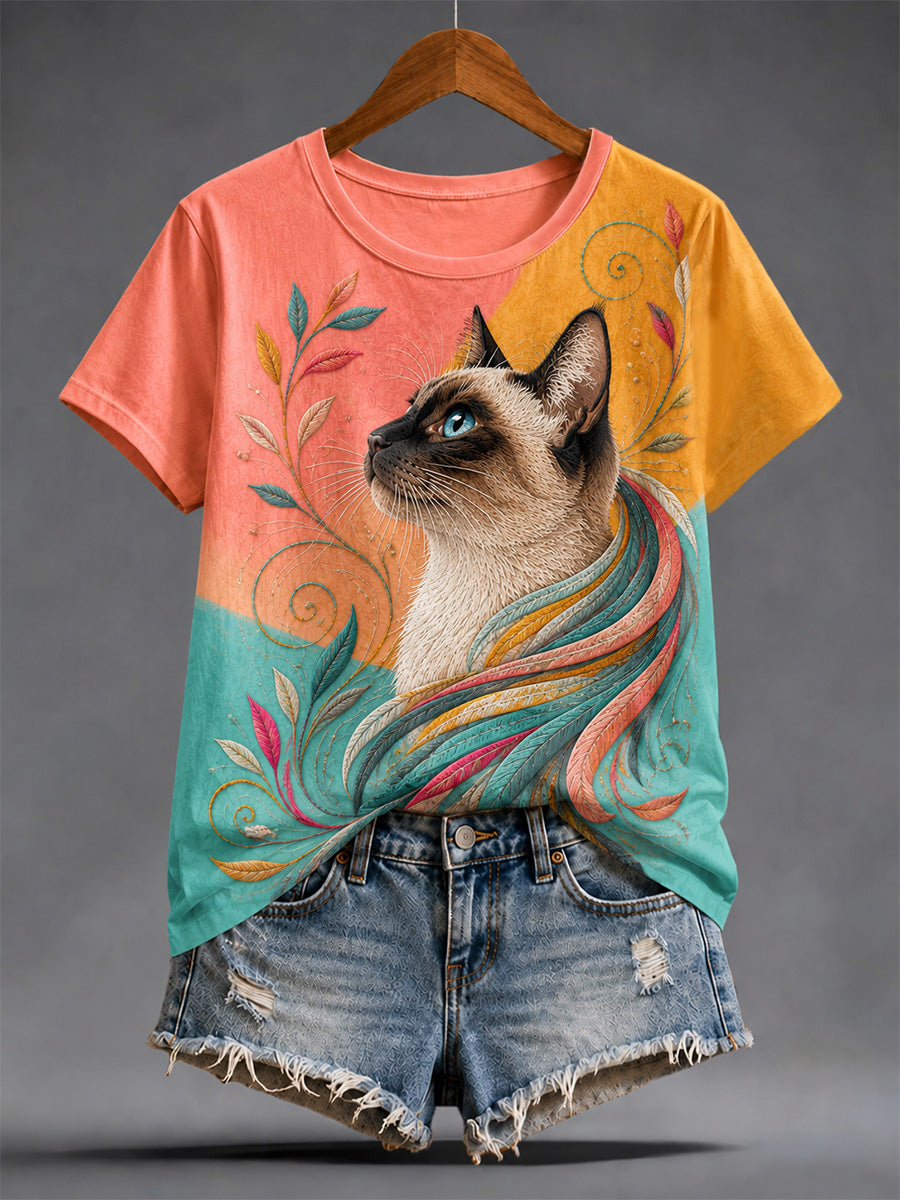 Women's Artistic Cat Print Casual Tee