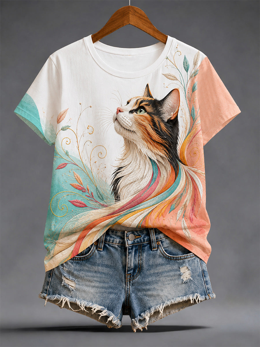 Women's Artistic Cat Print Casual Tee