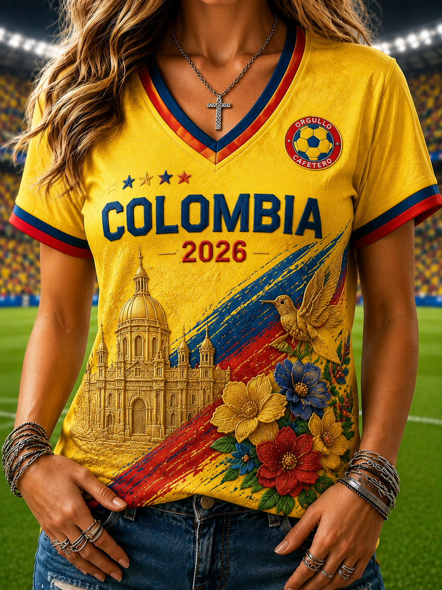 Women's Retro Columbia Floral Casual V-Neck T-Shirt