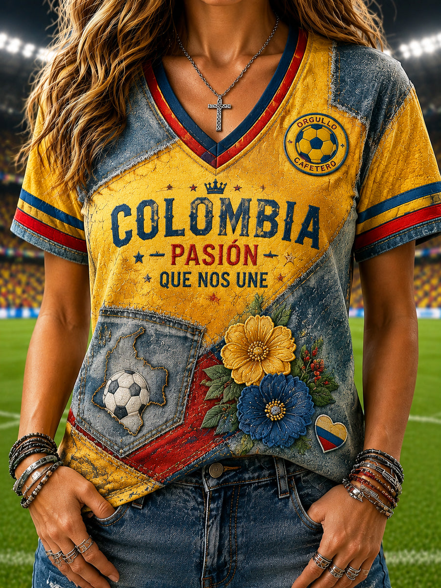Women's Retro Columbia Soccer Patchwork Casual V-Neck T-Shirt
