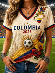 Women's Retro Columbia Soccer Fan Casual V-Neck T-Shirt