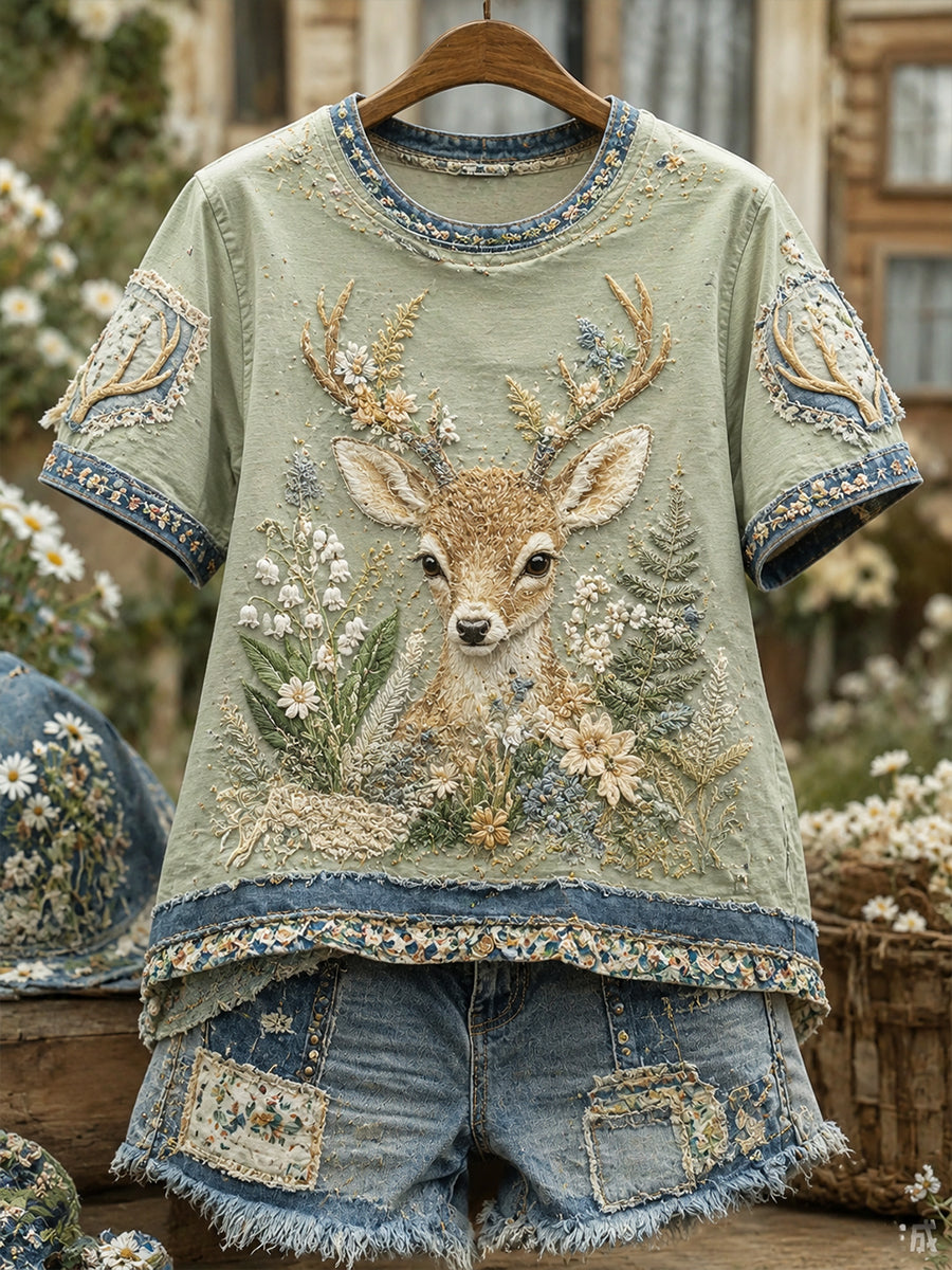 Women's Vintage Floral And Deer Collage Short-Sleeved T-Shirt