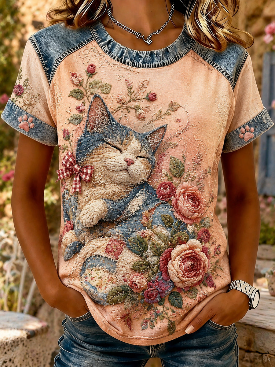 Women's Vintage Floral Kitten Collage Casual Short Sleeved T-Shirt