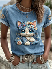 Women's Retro Animal Cat Printed Vintage Fashion Loose Short Sleeve T-Shirt