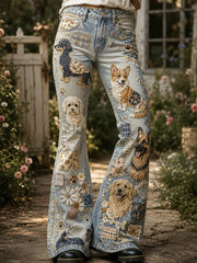 Women's Vintage Floral Dogs Collage Art Print Flared Trousers