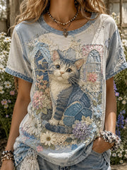Women's Vintage Floral Cat Collage Short-Sleeved T-Shirt