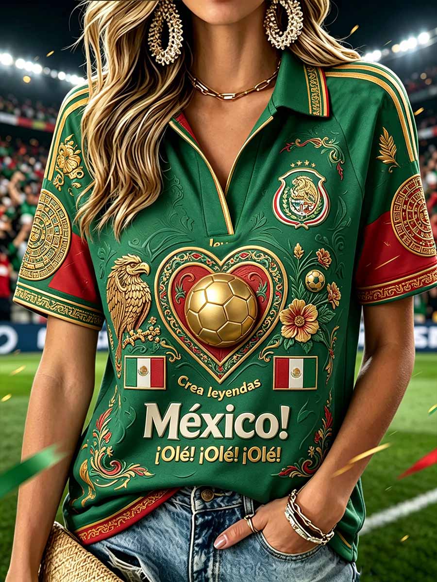 Women's Fashion Mexican Football Print Polo Shirt