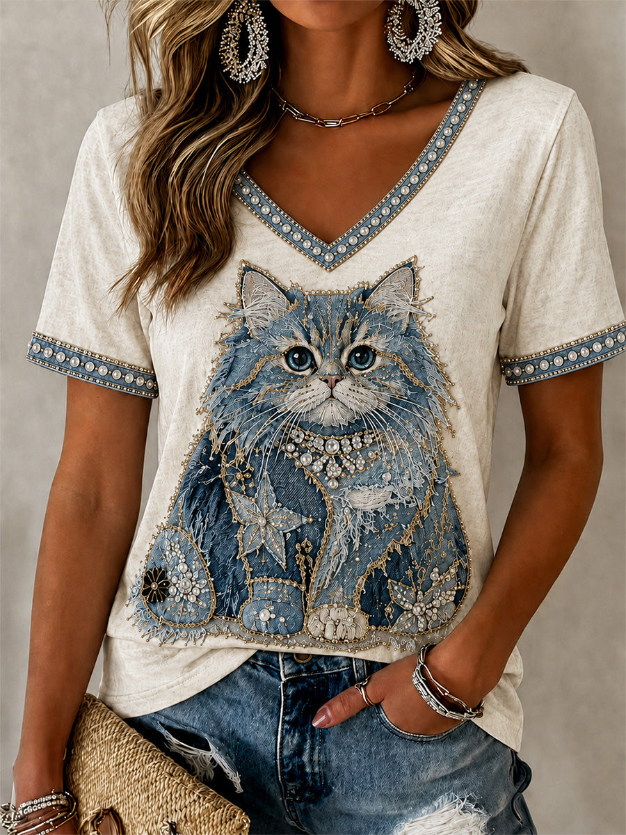 Women's Cowboy Cat Print Casual V-Neck Tee
