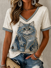 Women's Cowboy Cat Print Casual V-Neck Tee