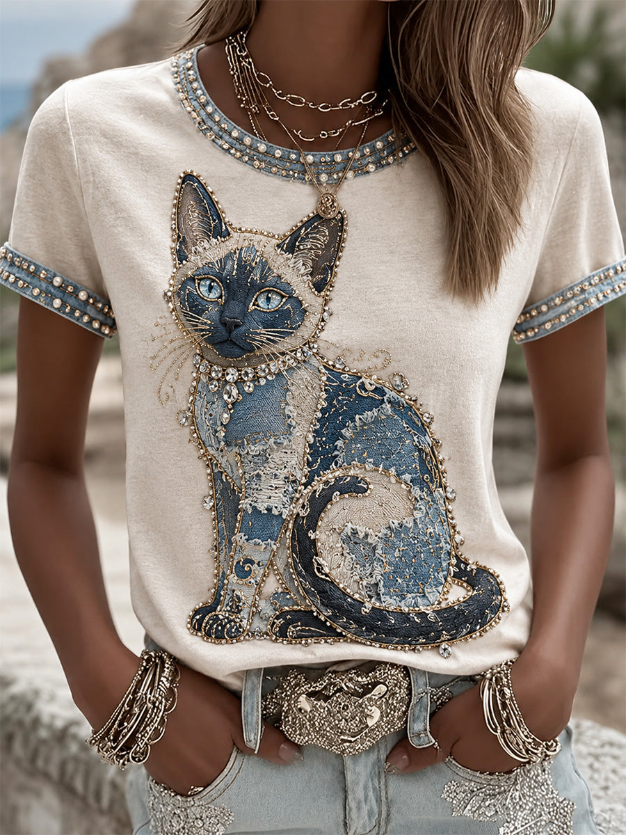 Women's Cowboy Cat Print Casual Tee
