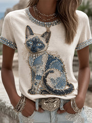 Women's Cowboy Cat Print Casual Tee